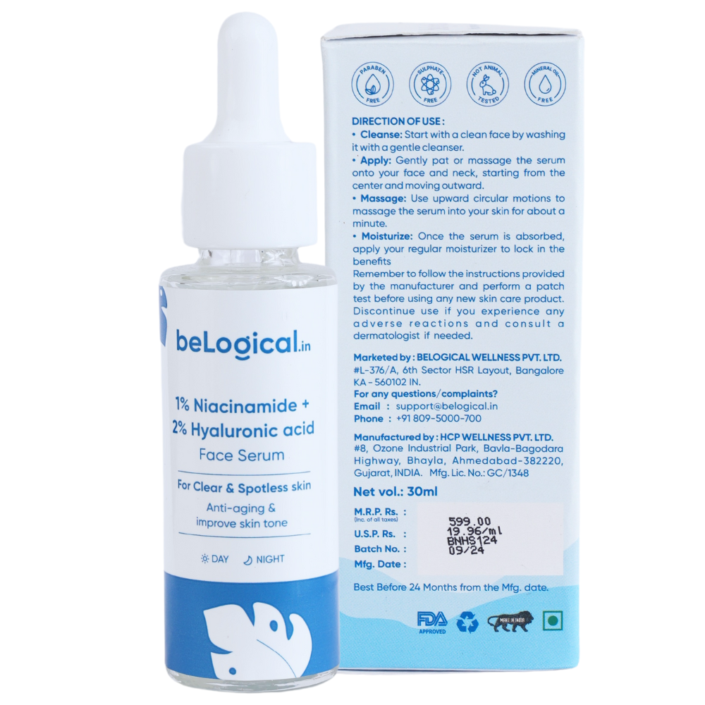 beLogical's 1% Niacinamide + 2% Hyaluronic Acid Face Serum | Brightening & Hydrating | Anti-aging | 30ml